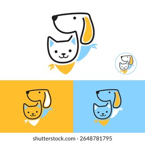 Stylized illustration of black-outlined dog's head with floppy ears and a cat's face, smiling. Minimalist logo for pet branding
