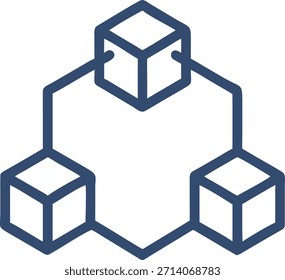 Ilustração estilizada de uma rede blockchain, com três blocos interconectados formando uma estrutura hexagonal, simbolizando armazenamento de dados descentralizado e seguro.