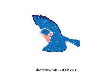 Stylized illustration of a blue bird in flight, adorned with white polka dots and pink accents on its face and chest