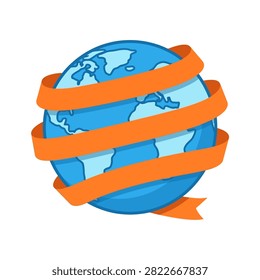 A stylized illustration of a blue globe with continents visible, encircled by a vibrant orange ribbon that wraps around it, suggesting a theme of global unity or a special worldwide event.
