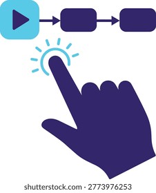 A stylized illustration of a blue hand cursor clicking on a light blue play button to initiate a process, depicted in a modern flat design style with a white background