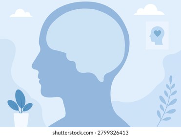 A stylized illustration of a blue human head silhouette with an open mind containing a heart, set against a light blue background.