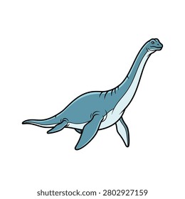 A stylized illustration of a blue plesiosaur, a prehistoric marine reptile, swimming against a plain white background. The creature features a long, slender neck, a small head, and four large flippers used for propulsion in the water. The artwork uses clean black outlines and a simple color palette of light and dark blue with a white underbelly.