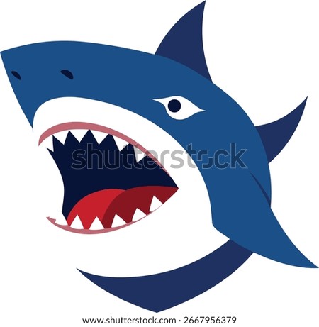 A stylized illustration of a blue shark's head with its mouth wide open, revealing sharp white teeth and a red interior.