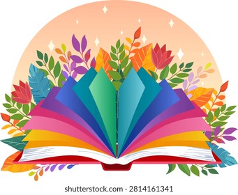 Stylized illustration of a book with multi-colored pages.Vector illustration of an open book with colorful pages and flowers against the backdrop of the sun.