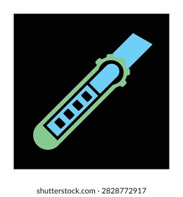 Stylized illustration of a box cutter or utility knife in blue and green colors isolated on a black background. Icon graphic for design.