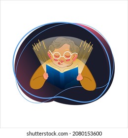 stylized illustration of a boy reading a book from which light emanates, a man enthusiastically reading a book