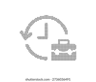 Stylized illustration of a briefcase and clock icon composed of dots on a pure white background