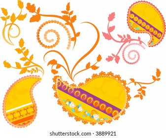 Stylized illustration of a bright flower paisley pattern.