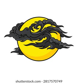 A stylized illustration of a bright yellow full moon partially obscured by dark, swirling Japanese-style clouds on a white background.