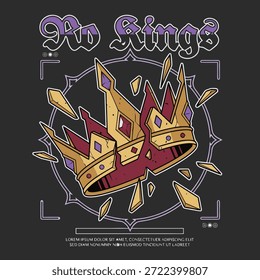 Una ilustración estilizada de una corona rota, con fragmentos volando, sobre un fondo oscuro con Elementos geométricos.