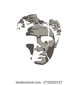Ilustración estilizada de una cabeza de estatua de mármol rota con una estética griega clásica
