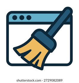 Ilustração estilizada de uma vassoura limpando uma janela do navegador da Web com pontos coloridos representando guias ou notificações simbolizando serviços de limpeza da Web