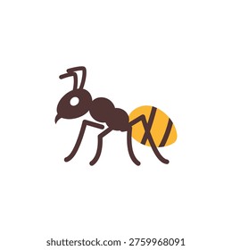 Stylized illustration of a brown ant with a yellow striped abdomen