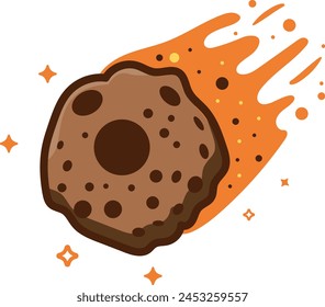 Stylized illustration of a brown asteroid or meteor with craters, an orange and yellow fiery tail, and small stars or sparkles scattered around it.
