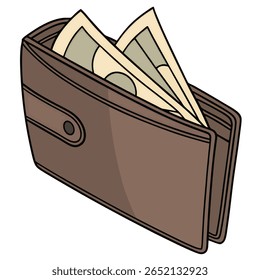 Uma ilustração estilizada de uma carteira de couro marrom com duas dobras com um fecho de pressão, transbordando com várias notas de dinheiro. A imagem tem uma estética gráfica limpa.