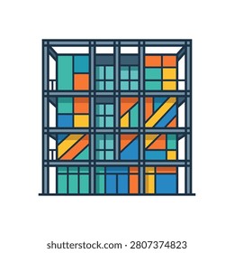 A stylized illustration of a building's exterior featuring a grid structure filled with colorful geometric shapes and patterns.