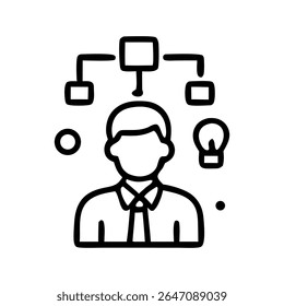 A stylized illustration of a businessman, surrounded by interconnected ideas, symbolizing innovation and strategic thinking.