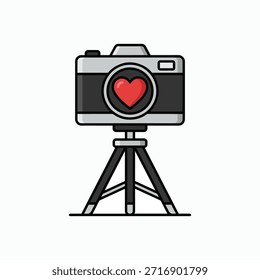 Una ilustración estilizada de una cámara en un trípode, con un símbolo de corazón en su lente, sugiriendo temas de amor y Fotografía.