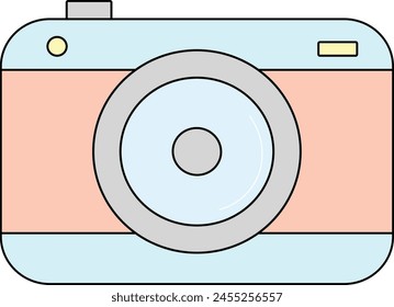  stylized illustration of a camera, predominantly in light blue and peach hues, with a large grey lens that simulates the aperture