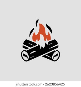 Stylized illustration of a campfire with burning flames and crossed logs on a light grey background
