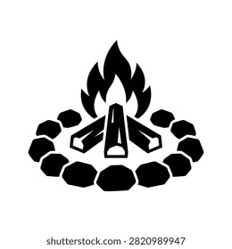 A stylized illustration of a campfire, featuring logs burning with flames and encircled by a ring of stones, presented in a minimalist black and white design.