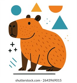 Ilustração estilizada de uma capivara em tons de laranja em um fundo bege, rodeada por formas geométricas como círculos, triângulos e retângulos em cores vibrantes.