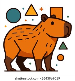 A stylized illustration of a capybara in orange tones on a beige background, surrounded by geometric shapes like circles, triangles, and rectangles in vibrant colors.