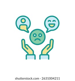 Ilustração estilizada de mãos carinhosas apoiando um emoji triste rodeado por bolhas de diálogo positivo em uma composição reconfortante.