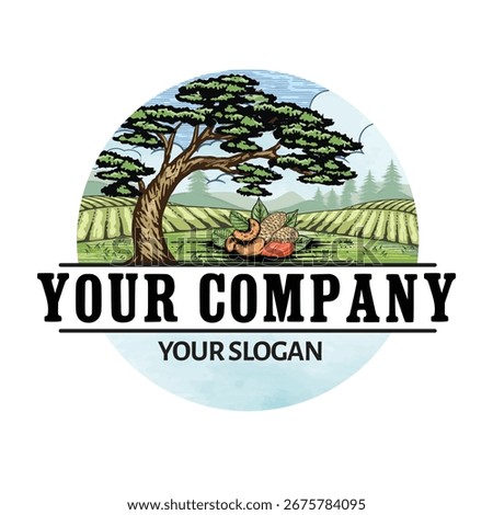 A stylized illustration of a cashew tree laden with nuts, set against a backdrop of a plantation field, perfect for branding your company.