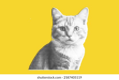 A stylized illustration of a cat in a halftone dot pattern, featuring a yellow background. The cat is depicted in black and white, creating a striking contrast with the vibrant background.