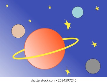 Stylized illustration of a celestial scene, featuring a large central planet with a ring system, accompanied by several smaller celestial bodies and scattered stars against a dark blue background