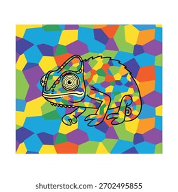 A stylized illustration of a chameleon with a mosaic-like pattern of vibrant colors against a similarly patterned background.