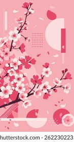 Ilustração estilizada de ramos de flores de cerejeira com flores cor-de-rosa e brancas, sobre um fundo rosa macio com formas geométricas.