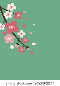 A stylized illustration of cherry blossoms on a branch, with soft pinks and whites, against a muted mint green backdrop. Petals are falling gently.