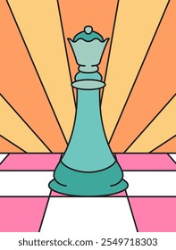 Stylized Illustration of a Chess Queen Piece Against a Vibrant Sunrise Background with a Checkerboard Pattern