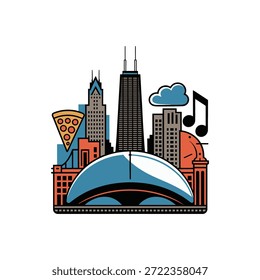 Uma ilustração estilizada do horizonte de Chicago com edifícios famosos, uma fatia de pizza e notas musicais.