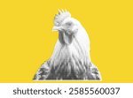 A stylized illustration of a chicken's head created using a dot pattern on a bright yellow background.