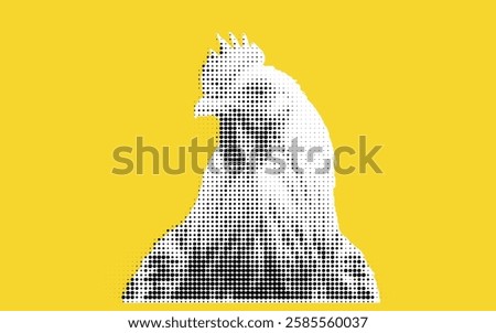 A stylized illustration of a chicken's head created using a dot pattern on a bright yellow background.