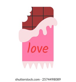 Stylized illustration of a chocolate bar with a bite off piece and the inscription "love" on a pink wrapper. Suitable for Valentine's Day, romantic designs, desserts and gifts.