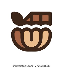 Ilustración estilizada de un segmento de barra de chocolate con una nuez de anacardo dentro de una cáscara.