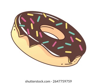 A stylized illustration of a chocolate-frosted donut with pink, yellow, and blue sprinkles. The donut has a light brown dough and a hole in the center.