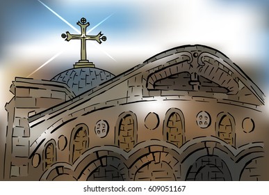 A stylized illustration of the Church of the Holy Sepulcher, Old Jerusalem. Vector design