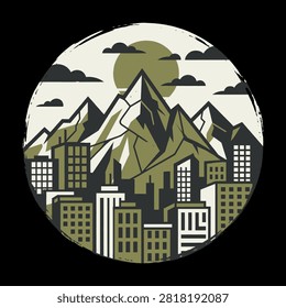A stylized illustration of a city nestled beneath mountain peaks