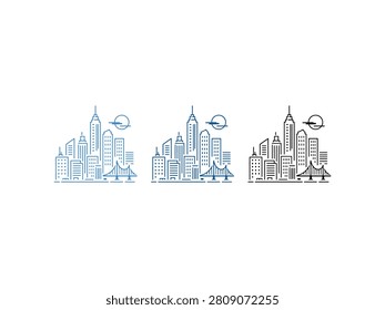 A stylized illustration of a city skyline featuring tall buildings and a bridge, presented in three distinct line art variations.