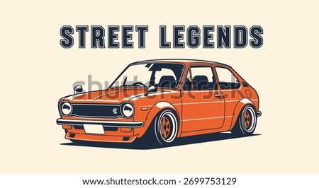 A stylized illustration of a classic orange hatchback, a modified tuner car with the text 'Street Legends' above it on a plain background.