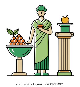 A stylized illustration of a classical figure holding a small object, standing between a fruit-filled bowl and a pedestal with an apple, isolated on white background.