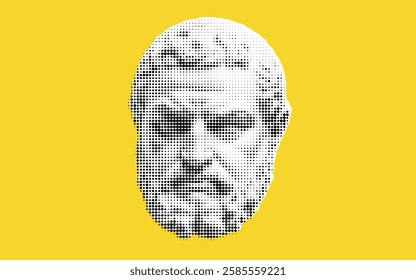 A stylized illustration of a classical philosopher's head, featuring a textured, dotted pattern on a bright yellow background. The figure has a serious expression and a beard, embodying ancient wisdom