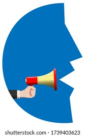 Stylized illustration, clipart a hand in a business suit holds a bullhorn, megaphone in the form of a human face that speaks. Vector. Blank, template for announcements, messages, printing, banners