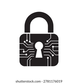 A stylized illustration of a closed padlock featuring a circuit board pattern inside. The design combines a traditional lock shape with intricate electronic pathways and components, rendered in monoch.